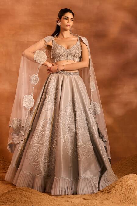 Divya Aggarwal_Silver Chanderi, Tulle Embroidery Plunge Aria Floral Embellished Lehenga Set _Online_at_Aza_Fashions