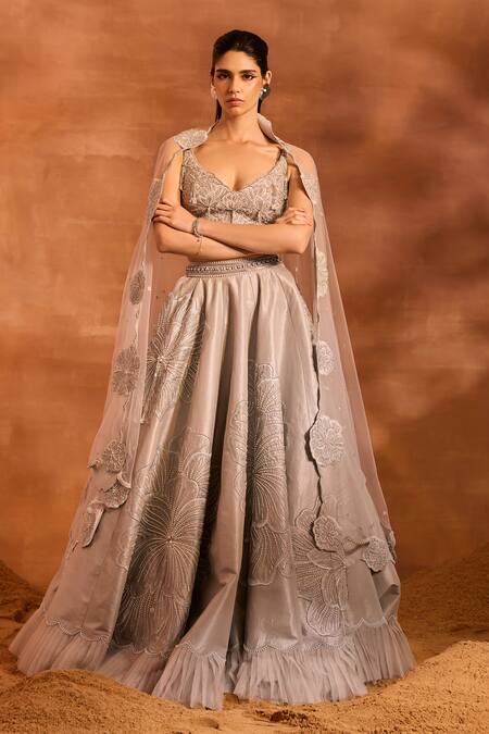 Buy_Divya Aggarwal_Silver Chanderi, Tulle Embroidery Plunge Aria Floral Embellished Lehenga Set _Online_at_Aza_Fashions
