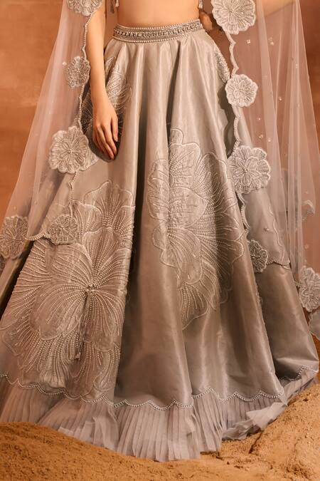 Divya Aggarwal_Silver Chanderi, Tulle Embroidery Plunge Aria Floral Embellished Lehenga Set _at_Aza_Fashions