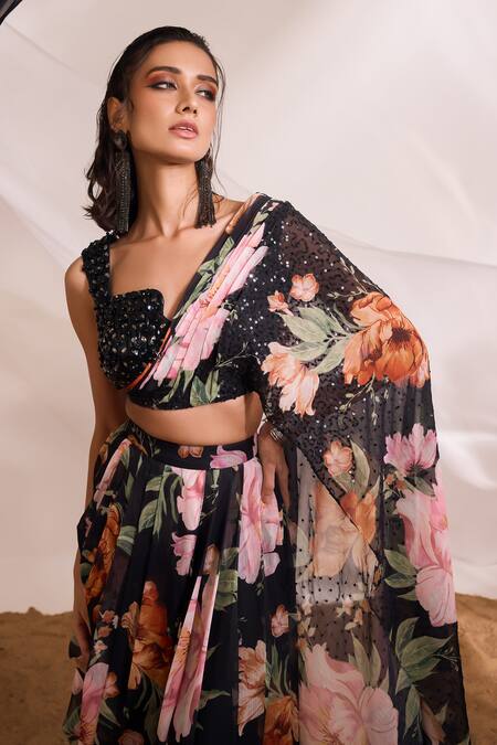 Divya Aggarwal Black Chiffon Printed Floral Notched Skirt With Embellished Draped Blouse Online at Aza Fashions Divya Aggarwal_Black Chiffon Printed Floral Notched Skirt With Embellished Draped Blouse _Online_at_Aza_Fashions