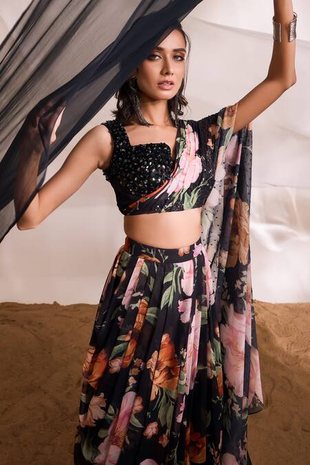 Buy Divya Aggarwal Black Chiffon Printed Floral Notched Skirt With Embellished Draped Blouse Online at Aza Fashions Buy_Divya Aggarwal_Black Chiffon Printed Floral Notched Skirt With Embellished Draped Blouse _Online_at_Aza_Fashions
