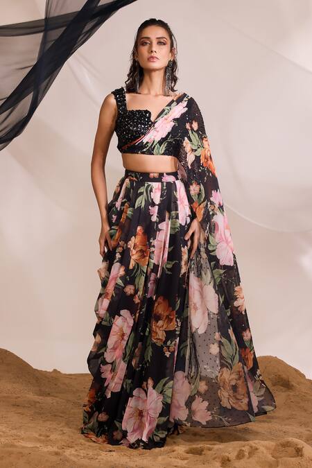 Shop Divya Aggarwal Black Chiffon Printed Floral Notched Skirt With Embellished Draped Blouse Online at Aza Fashions Shop_Divya Aggarwal_Black Chiffon Printed Floral Notched Skirt With Embellished Draped Blouse _Online_at_Aza_Fashions