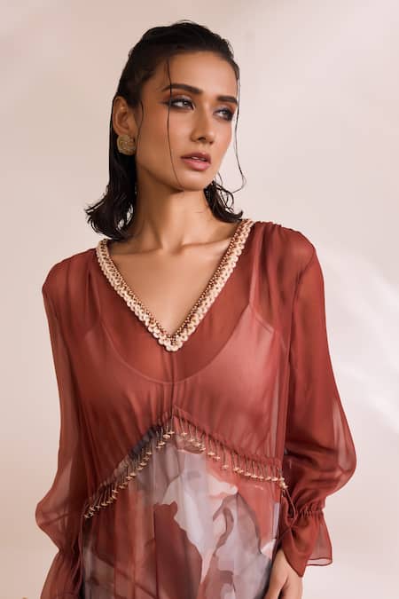 Divya Aggarwal_Orange Kaftan Chiffon Printed Tassel V Neck Aurelia Sheer _Online_at_Aza_Fashions