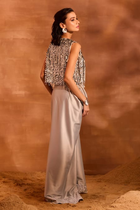 Shop_Divya Aggarwal_Silver Satin Tassels Plunge Neck Blaze Draped Skirt And Embellished Gilet Set _at_Aza_Fashions
