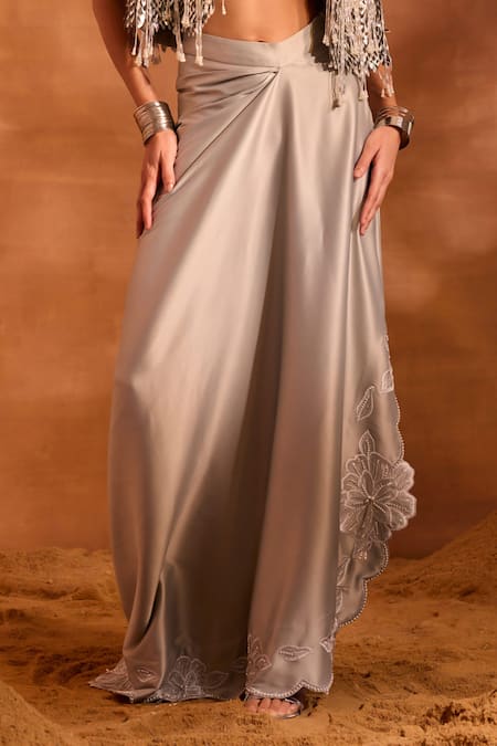 Divya Aggarwal_Silver Satin Tassels Plunge Neck Blaze Draped Skirt And Embellished Gilet Set _at_Aza_Fashions