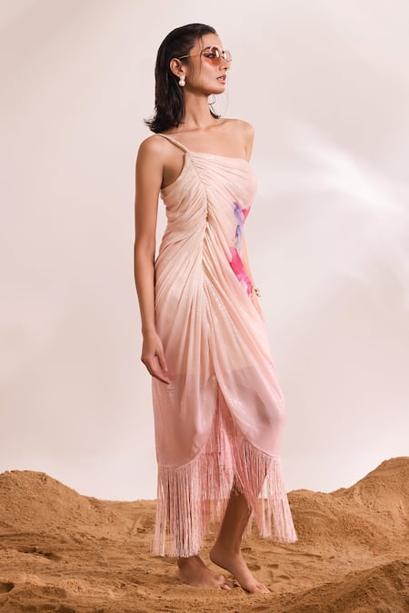 Divya Aggarwal_Pink Sheeted Sequin Printed Abstract Floral One Shoulder Blossom Dress _Online_at_Aza_Fashions