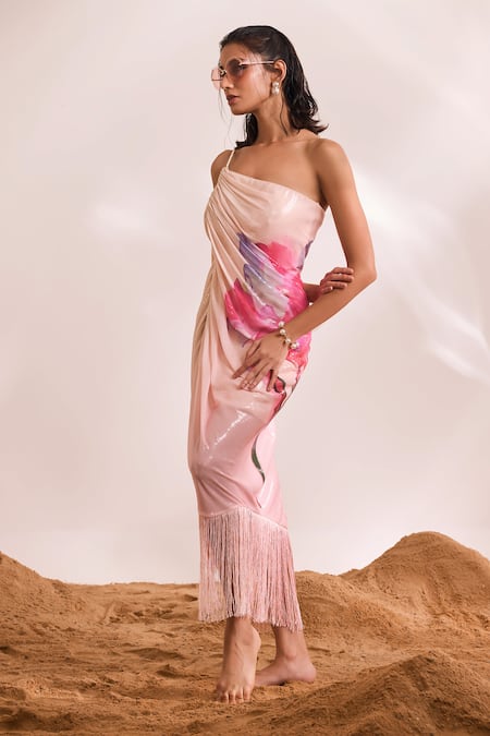 Buy_Divya Aggarwal_Pink Sheeted Sequin Printed Abstract Floral One Shoulder Blossom Dress _Online_at_Aza_Fashions