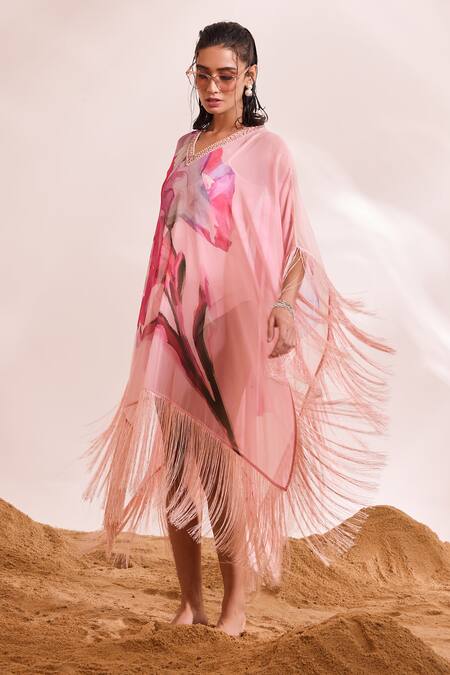 Divya Aggarwal_Pink Kaftan Chiffon Printed Abstract Floral V Neck Dahlia _Online_at_Aza_Fashions