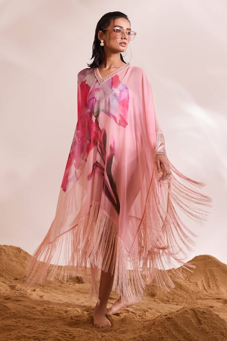Buy_Divya Aggarwal_Pink Kaftan Chiffon Printed Abstract Floral V Neck Dahlia _Online_at_Aza_Fashions