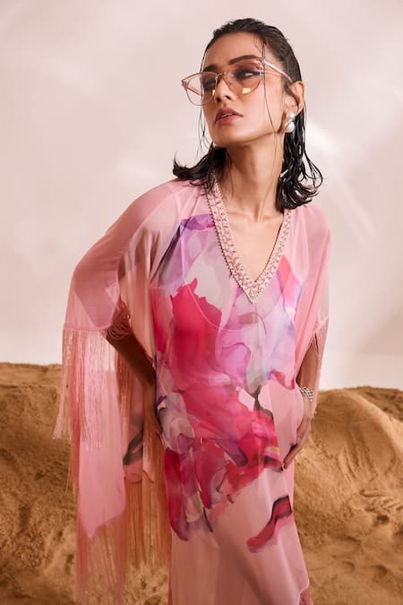 Shop_Divya Aggarwal_Pink Kaftan Chiffon Printed Abstract Floral V Neck Dahlia _Online_at_Aza_Fashions