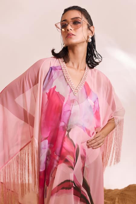 Divya Aggarwal_Pink Kaftan Chiffon Printed Abstract Floral V Neck Dahlia _at_Aza_Fashions