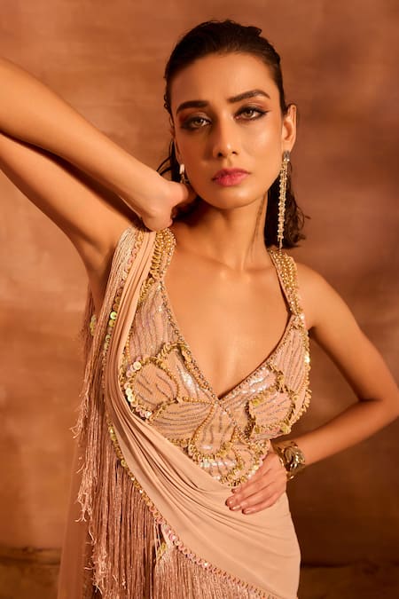 Shop_Divya Aggarwal_Beige Georgette Fringe, Tassels, Ember Concept Saree And Embellished Blouse _Online_at_Aza_Fashions
