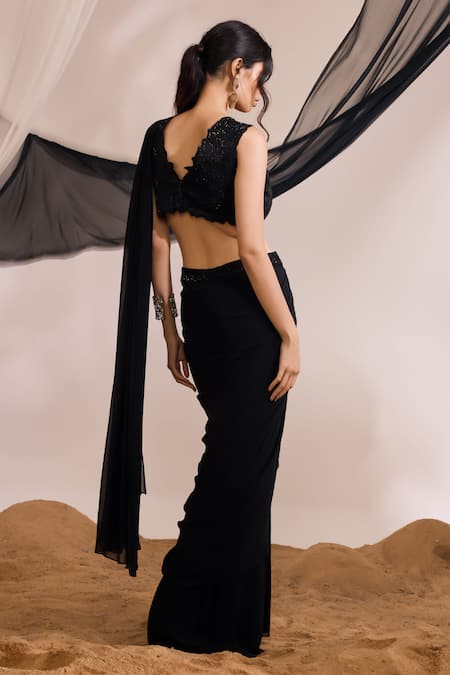 Shop Divya Aggarwal Black Satin, Georgette Eve Ruffle Pre-draped Saree With Embellished Blouse at Aza Fashions Shop_Divya Aggarwal_Black Satin, Georgette Eve Ruffle Pre-draped Saree With Embellished Blouse _at_Aza_Fashions