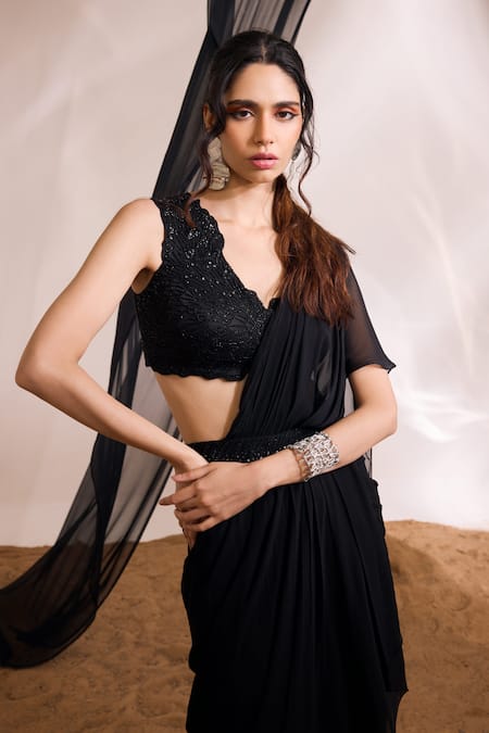 Divya Aggarwal Black Satin, Georgette Eve Ruffle Pre-draped Saree With Embellished Blouse Online at Aza Fashions Divya Aggarwal_Black Satin, Georgette Eve Ruffle Pre-draped Saree With Embellished Blouse _Online_at_Aza_Fashions