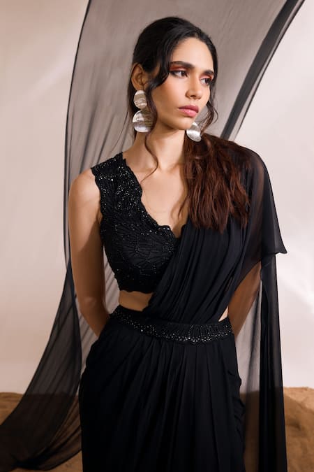 Buy Divya Aggarwal Black Satin, Georgette Eve Ruffle Pre-draped Saree With Embellished Blouse Online at Aza Fashions Buy_Divya Aggarwal_Black Satin, Georgette Eve Ruffle Pre-draped Saree With Embellished Blouse _Online_at_Aza_Fashions