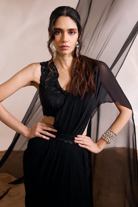 Shop Divya Aggarwal Black Satin, Georgette Eve Ruffle Pre-draped Saree With Embellished Blouse Online at Aza Fashions Shop_Divya Aggarwal_Black Satin, Georgette Eve Ruffle Pre-draped Saree With Embellished Blouse _Online_at_Aza_Fashions