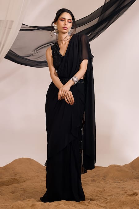 Divya Aggarwal Black Satin, Georgette Eve Ruffle Pre-draped Saree With Embellished Blouse at Aza Fashions Divya Aggarwal_Black Satin, Georgette Eve Ruffle Pre-draped Saree With Embellished Blouse _at_Aza_Fashions