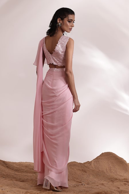 Shop_Divya Aggarwal_Pink Satin, Georgette Eve Pre-draped Ruffle Saree With Embellished Blouse _at_Aza_Fashions