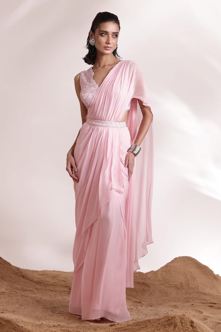 Divya Aggarwal_Pink Satin, Georgette Eve Pre-draped Ruffle Saree With Embellished Blouse _Online_at_Aza_Fashions