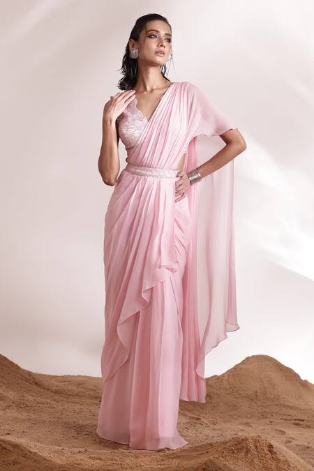 Buy_Divya Aggarwal_Pink Satin, Georgette Eve Pre-draped Ruffle Saree With Embellished Blouse _Online_at_Aza_Fashions