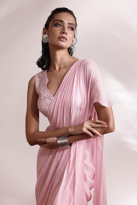 Shop_Divya Aggarwal_Pink Satin, Georgette Eve Pre-draped Ruffle Saree With Embellished Blouse _Online_at_Aza_Fashions