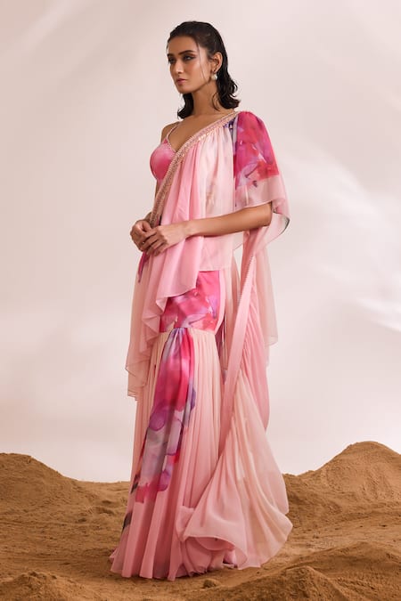 Shop Divya Aggarwal Pink Chiffon, Silk, Satin Sequins, Tassels Floral Print Pre-draped Saree Set at Aza Fashions Shop_Divya Aggarwal_Pink Chiffon, Silk, Satin Sequins, Tassels Floral Print Pre-draped Saree Set _at_Aza_Fashions