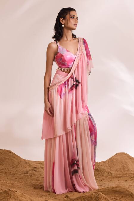 Divya Aggarwal Pink Chiffon, Silk, Satin Sequins, Tassels Floral Print Pre-draped Saree Set Online at Aza Fashions Divya Aggarwal_Pink Chiffon, Silk, Satin Sequins, Tassels Floral Print Pre-draped Saree Set _Online_at_Aza_Fashions