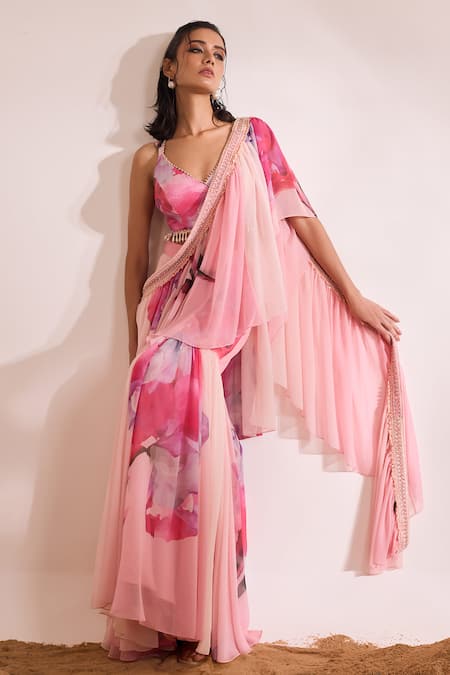 Buy Divya Aggarwal Pink Chiffon, Silk, Satin Sequins, Tassels Floral Print Pre-draped Saree Set Online at Aza Fashions Buy_Divya Aggarwal_Pink Chiffon, Silk, Satin Sequins, Tassels Floral Print Pre-draped Saree Set _Online_at_Aza_Fashions