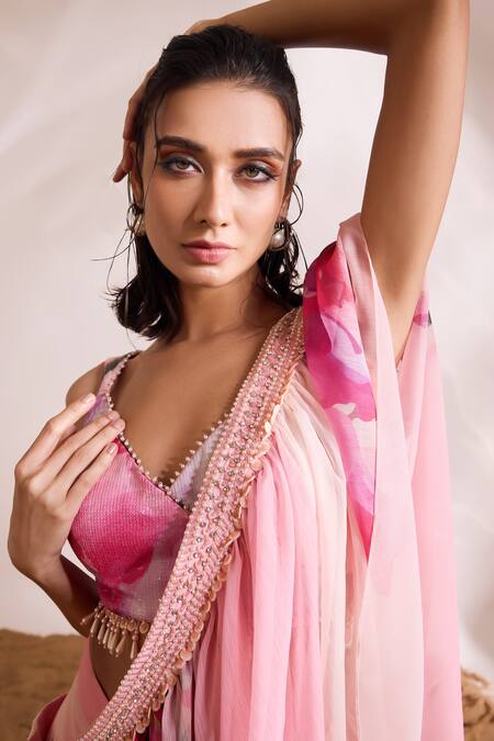 Divya Aggarwal Pink Chiffon, Silk, Satin Sequins, Tassels Floral Print Pre-draped Saree Set at Aza Fashions Divya Aggarwal_Pink Chiffon, Silk, Satin Sequins, Tassels Floral Print Pre-draped Saree Set _at_Aza_Fashions