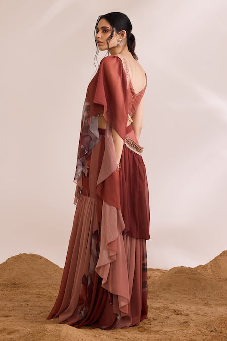 Shop_Divya Aggarwal_Orange Chiffon, Satin Sequins V-neck Fiona Printed Pre-draped Saree With Blouse _at_Aza_Fashions