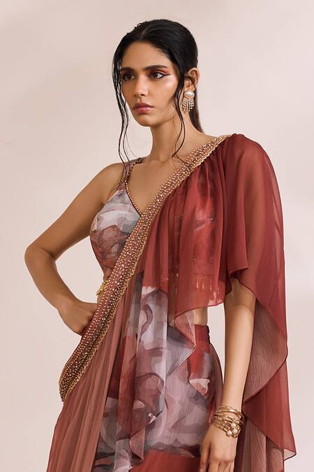 Divya Aggarwal_Orange Chiffon, Satin Sequins V-neck Fiona Printed Pre-draped Saree With Blouse _Online_at_Aza_Fashions
