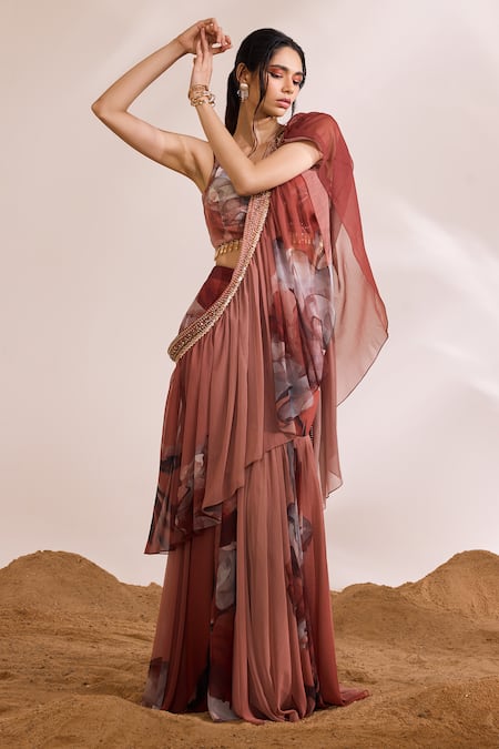 Buy_Divya Aggarwal_Orange Chiffon, Satin Sequins V-neck Fiona Printed Pre-draped Saree With Blouse _Online_at_Aza_Fashions