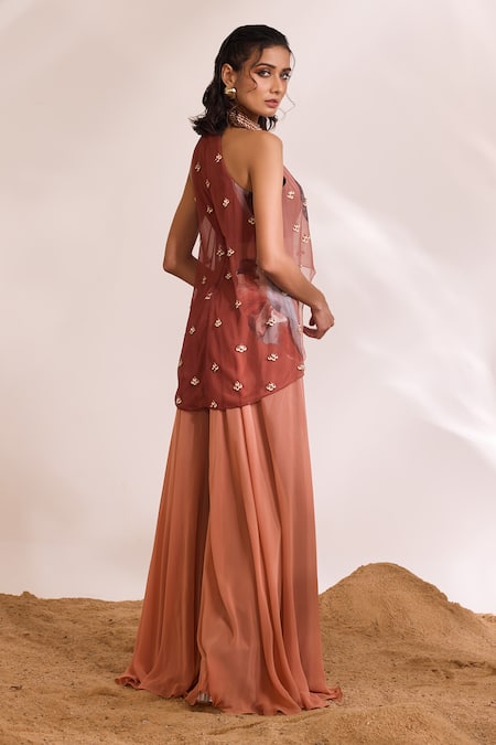 Shop Divya Aggarwal Orange Top Chiffon Printed Halter Neck Freya And Flared Pant Set at Aza Fashions Shop_Divya Aggarwal_Orange Top Chiffon Printed Halter Neck Freya And Flared Pant Set _at_Aza_Fashions