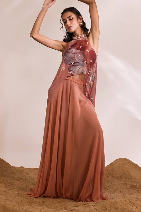 Shop Divya Aggarwal Orange Top Chiffon Printed Halter Neck Freya And Flared Pant Set Online at Aza Fashions Shop_Divya Aggarwal_Orange Top Chiffon Printed Halter Neck Freya And Flared Pant Set _Online_at_Aza_Fashions