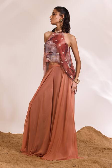Divya Aggarwal Orange Top Chiffon Printed Halter Neck Freya And Flared Pant Set at Aza Fashions Divya Aggarwal_Orange Top Chiffon Printed Halter Neck Freya And Flared Pant Set _at_Aza_Fashions