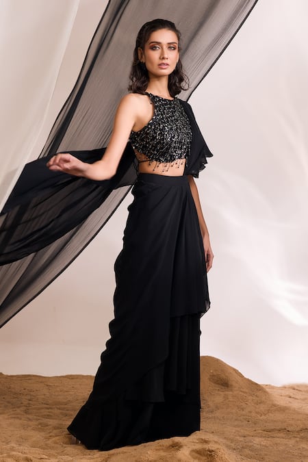 Shop Divya Aggarwal Black Chanderi Silk Beads, Hailey Pre-draped Saree With Embellished Blouse at Aza Fashions Shop_Divya Aggarwal_Black Chanderi Silk Beads, Hailey Pre-draped Saree With Embellished Blouse _at_Aza_Fashions
