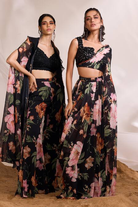 Divya Aggarwal Black Cape And Pant Chiffon Printed Floral V Neck Harlow Ruffle & Set Online at Aza Fashions Divya Aggarwal_Black Cape And Pant Chiffon Printed Floral V Neck Harlow Ruffle & Set _Online_at_Aza_Fashions
