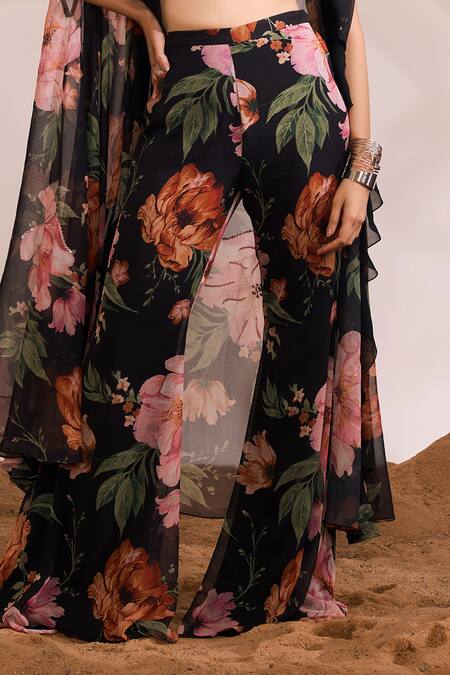 Buy Divya Aggarwal Black Cape And Pant Chiffon Printed Floral V Neck Harlow Ruffle & Set Online at Aza Fashions Buy_Divya Aggarwal_Black Cape And Pant Chiffon Printed Floral V Neck Harlow Ruffle & Set _Online_at_Aza_Fashions