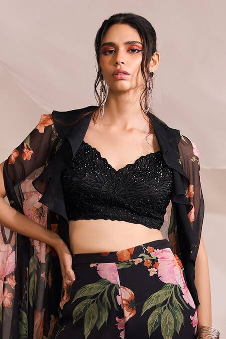 Shop Divya Aggarwal Black Cape And Pant Chiffon Printed Floral V Neck Harlow Ruffle & Set Online at Aza Fashions Shop_Divya Aggarwal_Black Cape And Pant Chiffon Printed Floral V Neck Harlow Ruffle & Set _Online_at_Aza_Fashions