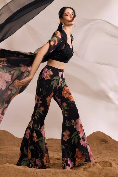 Divya Aggarwal Black Cape And Pant Chiffon Printed Floral V Neck Harlow Ruffle & Set at Aza Fashions Divya Aggarwal_Black Cape And Pant Chiffon Printed Floral V Neck Harlow Ruffle & Set _at_Aza_Fashions