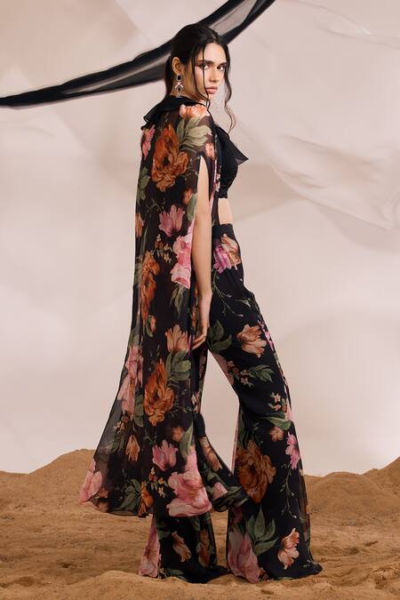 Buy Divya Aggarwal Black Cape And Pant Chiffon Printed Floral V Neck Harlow Ruffle & Set Buy_Divya Aggarwal_Black Cape And Pant Chiffon Printed Floral V Neck Harlow Ruffle & Set