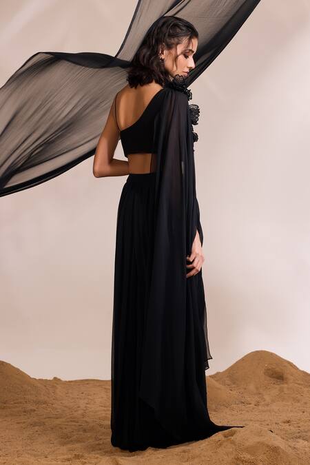 Shop Divya Aggarwal Black Blouse Chanderi Silk Embellished 3d Floral Harmony And Draped Skirt Set at Aza Fashions Shop_Divya Aggarwal_Black Blouse Chanderi Silk Embellished 3d Floral Harmony And Draped Skirt Set _at_Aza_Fashions