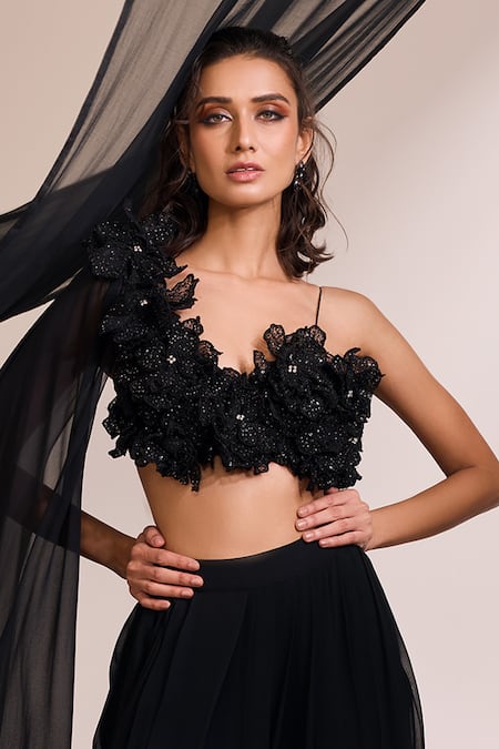 Buy Divya Aggarwal Black Blouse Chanderi Silk Embellished 3d Floral Harmony And Draped Skirt Set Online at Aza Fashions Buy_Divya Aggarwal_Black Blouse Chanderi Silk Embellished 3d Floral Harmony And Draped Skirt Set _Online_at_Aza_Fashions