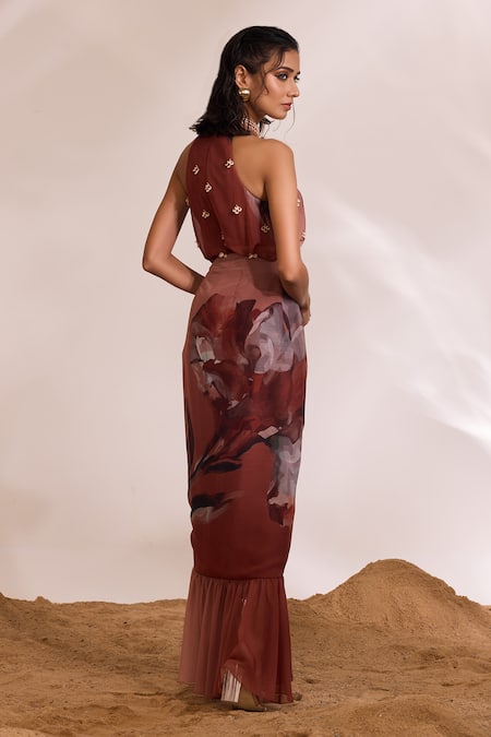 Shop_Divya Aggarwal_Orange Chiffon Printed Abstract Halter Hazel Top And Ruched Skirt Set _at_Aza_Fashions