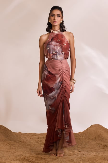 Divya Aggarwal_Orange Chiffon Printed Abstract Halter Hazel Top And Ruched Skirt Set _Online_at_Aza_Fashions