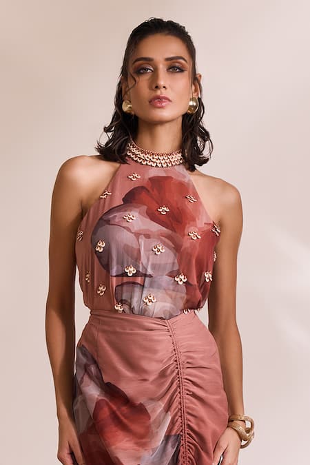 Shop_Divya Aggarwal_Orange Chiffon Printed Abstract Halter Hazel Top And Ruched Skirt Set _Online_at_Aza_Fashions
