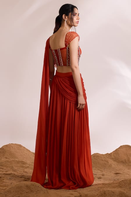 Shop_Divya Aggarwal_Orange Chiffon Stones Sweetheart Ignis Concept Draped Saree With Corset Blouse _at_Aza_Fashions
