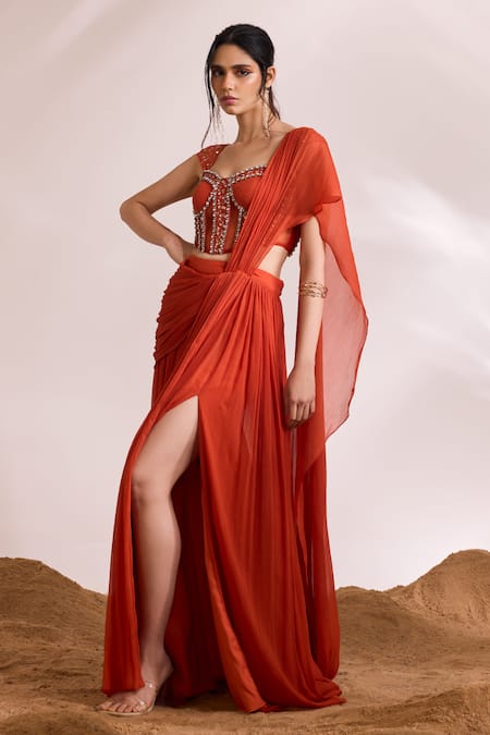 Divya Aggarwal_Orange Chiffon Stones Sweetheart Ignis Concept Draped Saree With Corset Blouse _Online_at_Aza_Fashions