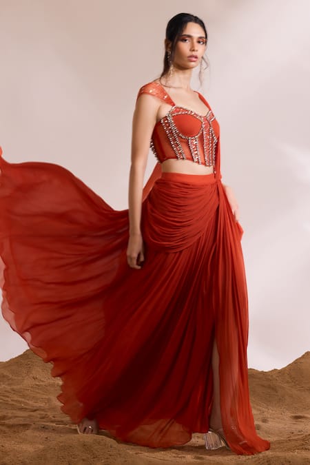 Buy_Divya Aggarwal_Orange Chiffon Stones Sweetheart Ignis Concept Draped Saree With Corset Blouse _Online_at_Aza_Fashions