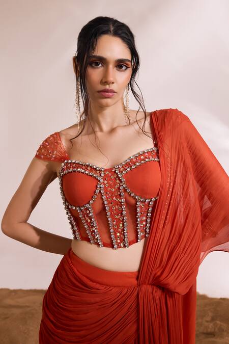 Divya Aggarwal_Orange Chiffon Stones Sweetheart Ignis Concept Draped Saree With Corset Blouse _at_Aza_Fashions